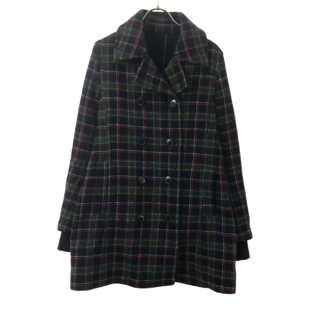 

FRED PERRY wool blend Check Pattern pea coat M Navy x green Women Used