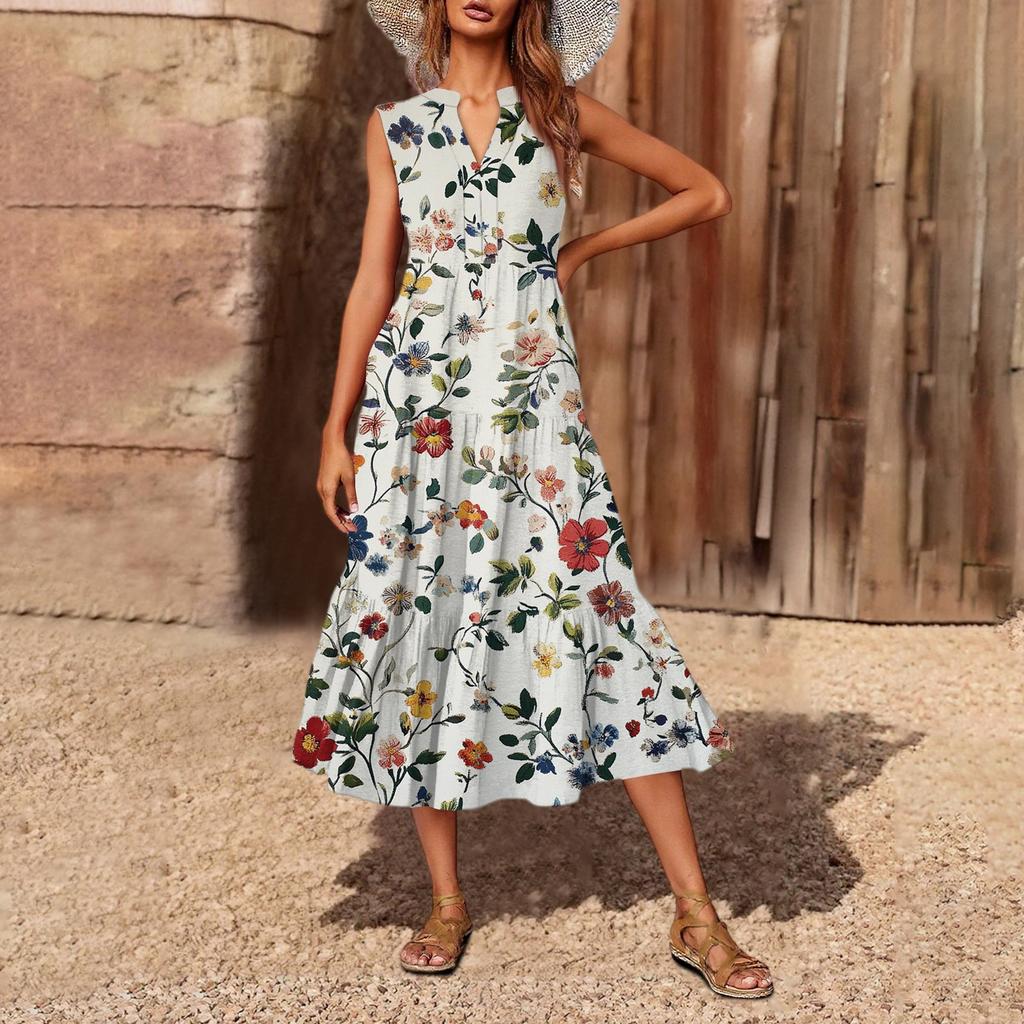 Women's Casual And Fashionable V-neck Sleeveless Printing Mid Length Dress