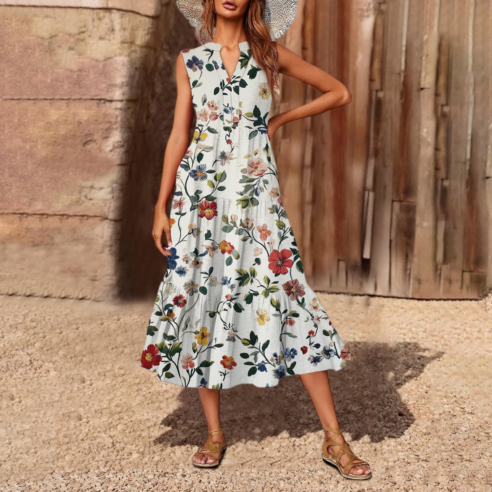 

Женское повседневное и модное платье средней длины с V-образным вырезом без рукавов и принтом XXL