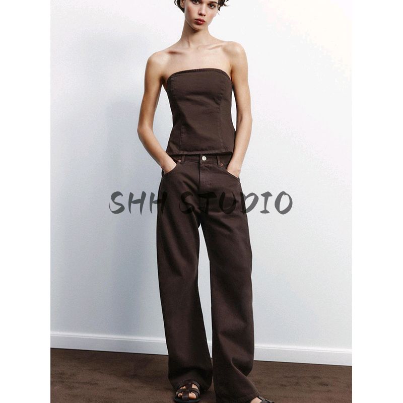 Denim Cotton Strapless Chest Wrap Top 0103060 Mid Waist Strap Decoration Width Jeans 0103011
