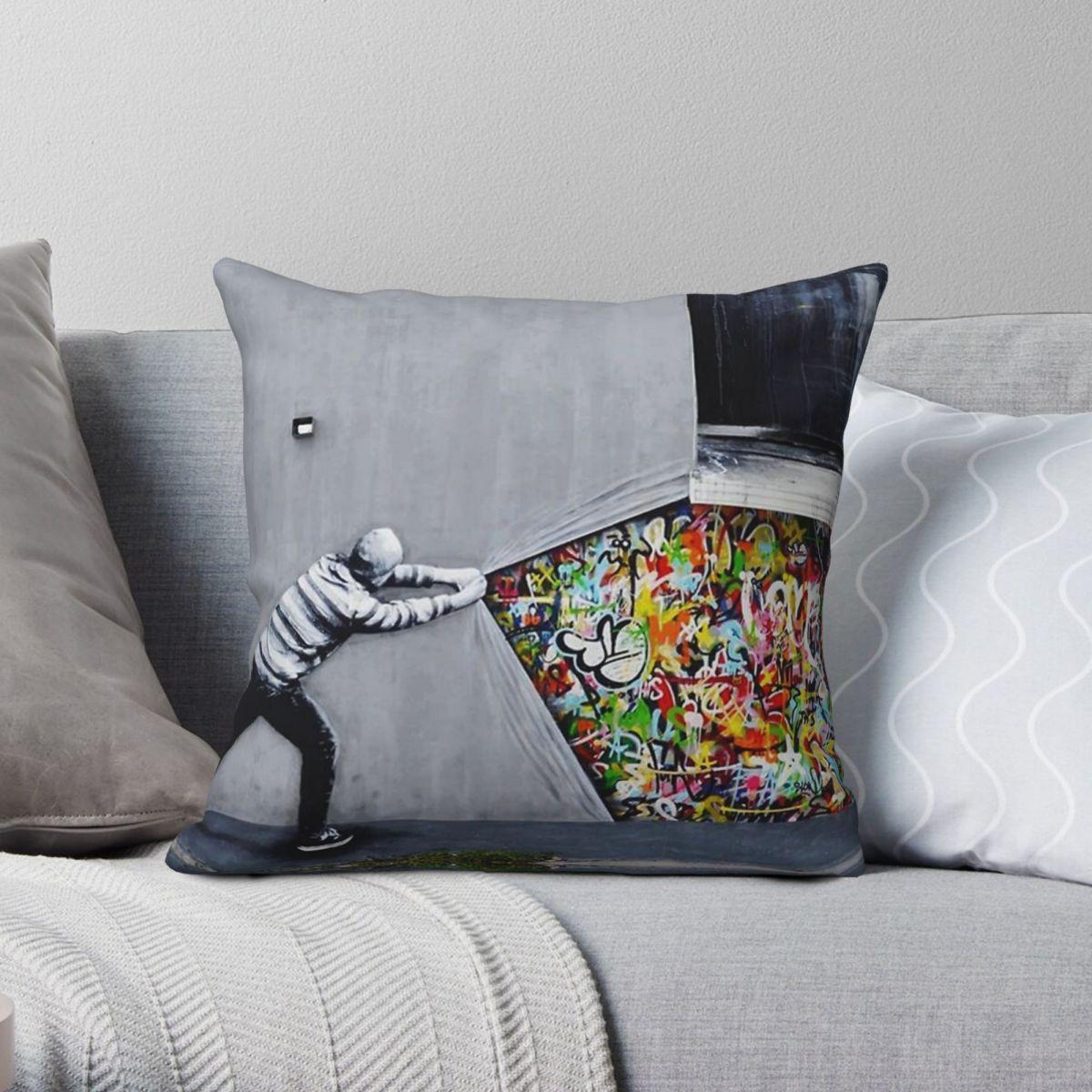 Green Harvest Unisex Banksy Uncovering Pillowcase Polyester Linen Velvet Creative Zip Decor Bed Cushion Case 18