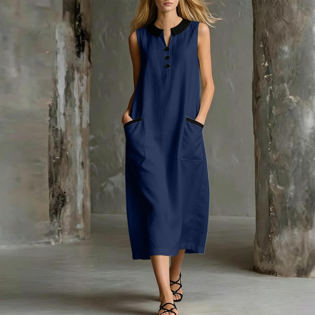 Women's Casual Sleeveless Dress with Doll Collar Color Block Design Midi Length Pockets Button Front Loose Fit Summer Dress