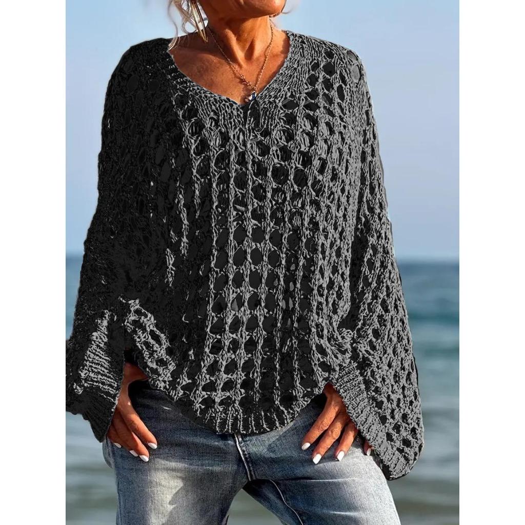 Lockerer lässiger Strickpullover mit Aushöhlungen - Langärmige Strandbekleidung in großer Größe