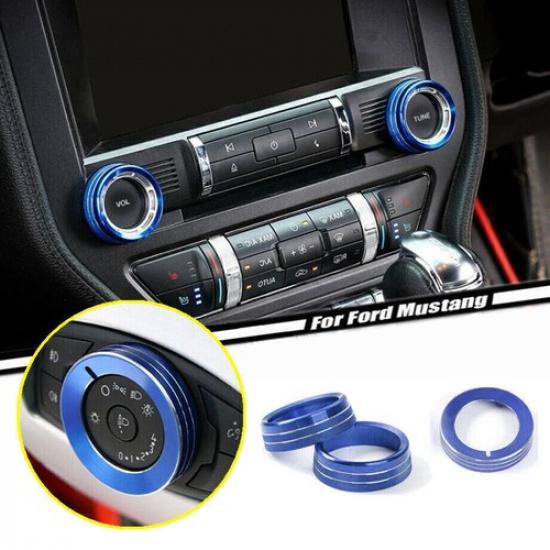 For 15-22 Ford Mustang Blue Air Conditioner+Headlight Switch Knob Cover Trim 3P