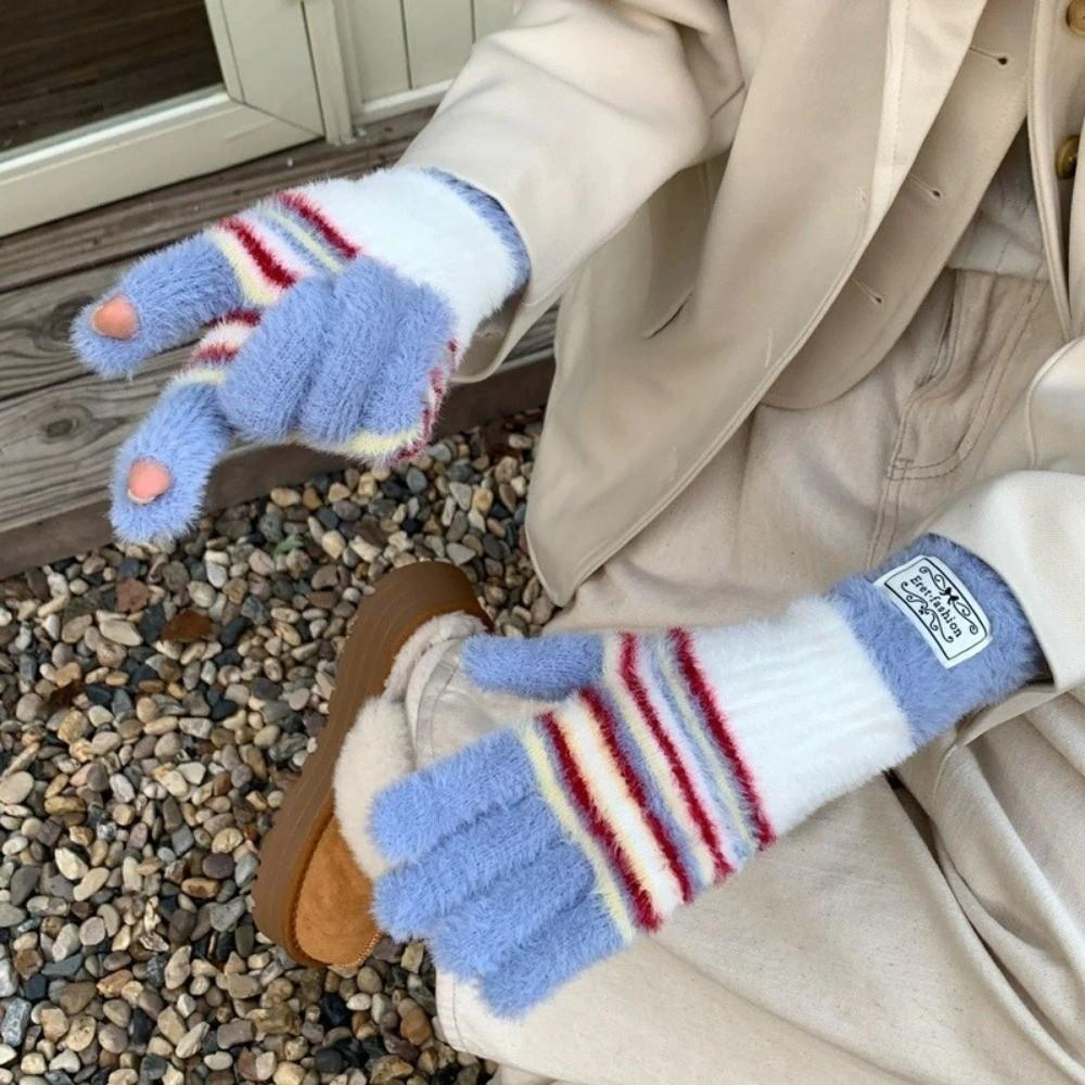 Warm Girl Knitted Gloves Plush Touch Screen Gloves Korean Five-fingered Gloves