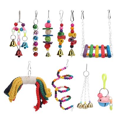 Birds Swing Toy Natural Wood Hanging Chewing Perch Toy Set with Bells Wooden Beads