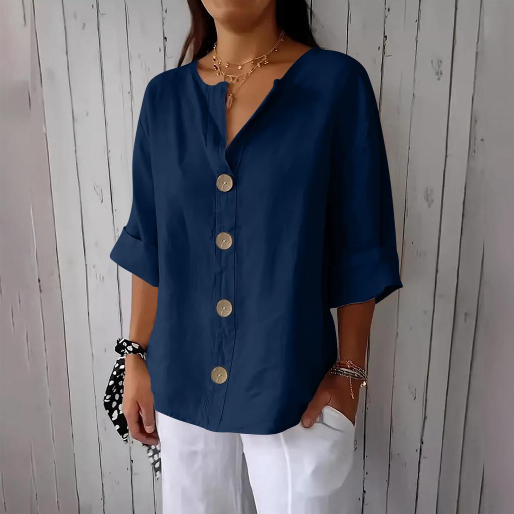 Women's Fashion Casual V-Neck Buttoned 3/4 Sleeve Cotton Linen Top