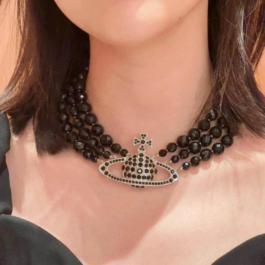 Hochwertige Schwarze Achat Kaiserinwitwe Diamant Kristall Halskette - Klassische Dreilagige Saturn Schlüsselbein Kette für Damen