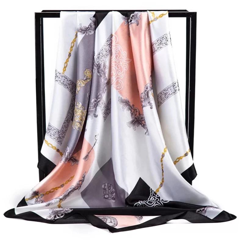 90*90Cm Satin Scarf For Women Cashew Flower Print Chain Scarf Spring And Summer  Style Shawl Scarf For Women   Style
