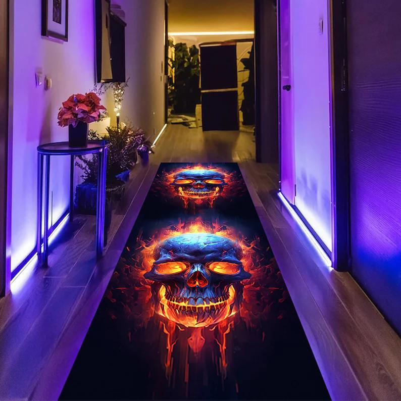 Skull Runner Rug Gothic Hallway Rug Chains and Roses Carpet, Dark Aesthetic Rug Washable Rug Non Slip Rugs Home Decoration