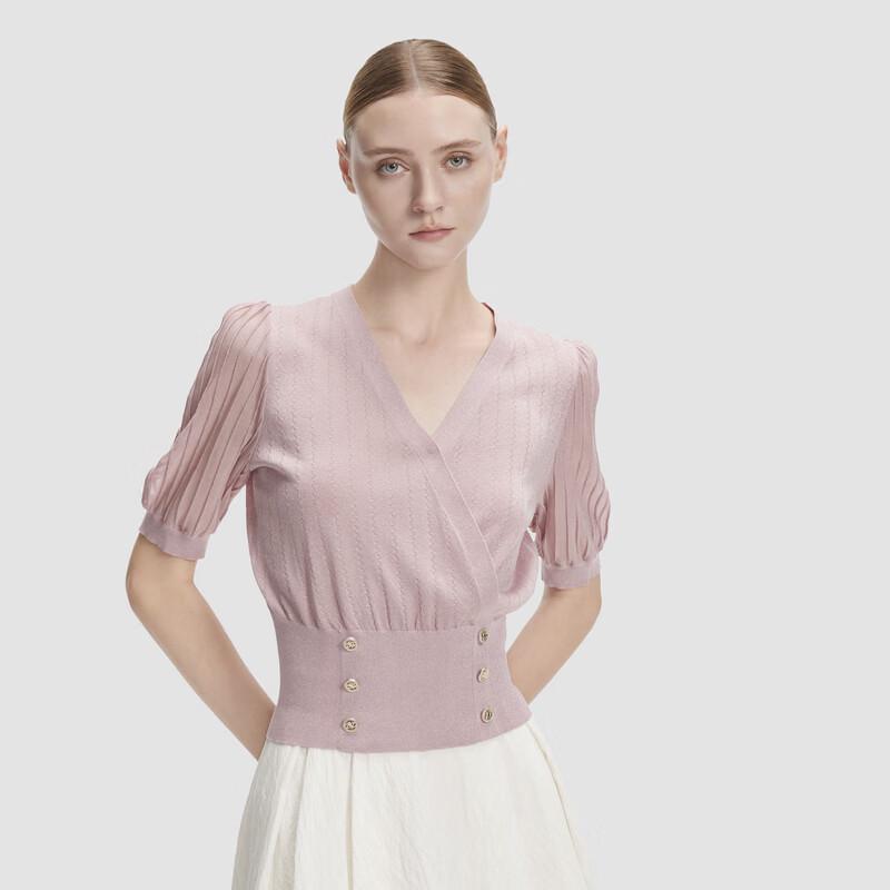 ELLASSAY Gentle Puff Sleeve V-Neck Knit Sweater L