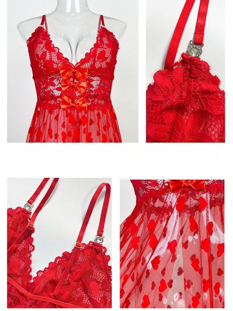 Sexy Spitzen-Schleifen-Camisole-Pyjama Durchsichtiges Netz Leichtes Nachthemd für Damen 772 Verspielte Feminine Nachtwäsche mit Zarten Spitzendetails