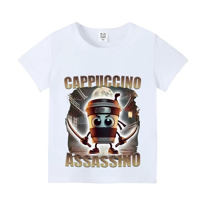 Italy Brain Rot Funny Animal Kids' Cotton T-Shirt - Cappuccino Assassin Short Sleeve