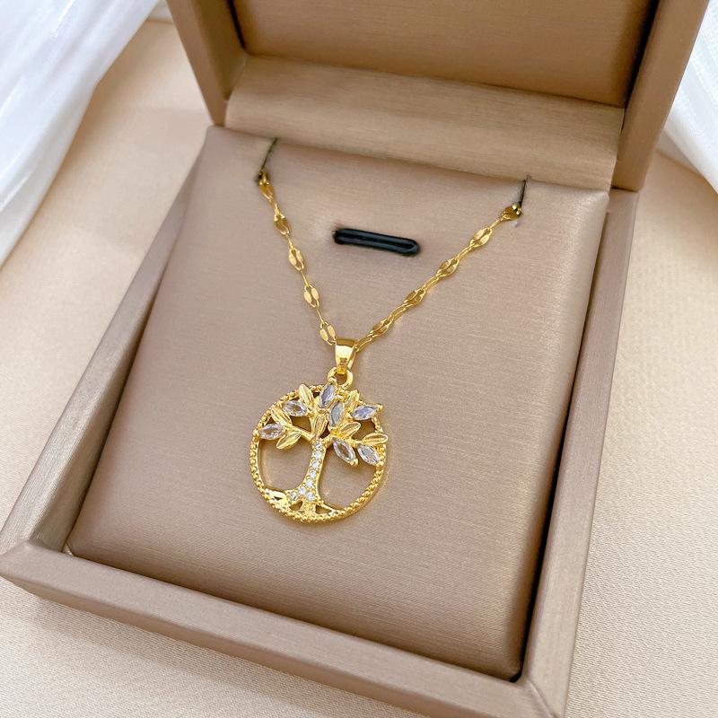 Tree Of Life Ring Light Luxury Temperament Gorgeous Full Diamond Necklace Women'S Versatile Clavicle Chain Titanium Steel Chain