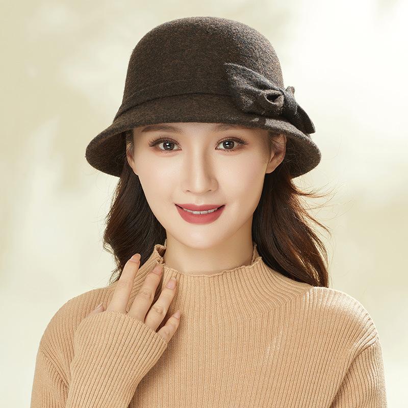 Autumn and winter mother hat mature women's wool woolen bow fashion top hat retro dome thermos hat