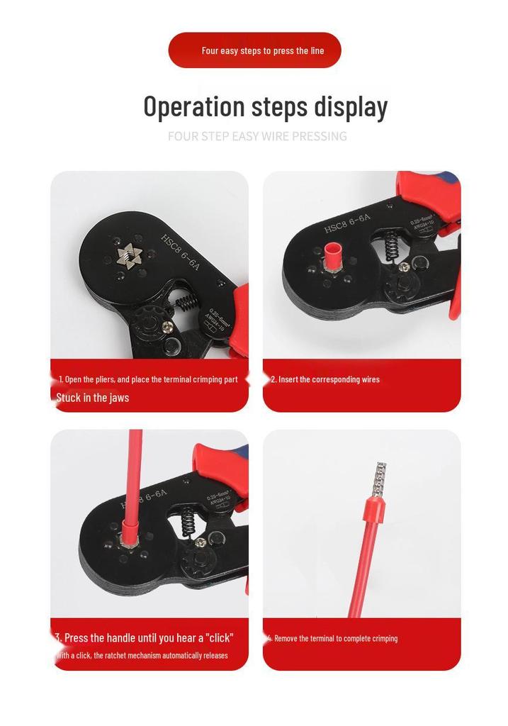 HSC8 10-6 Hexagonal Wire Terminal Crimping Pliers, Multi-functional Electrician Tool for 0.08-10 Gauge.