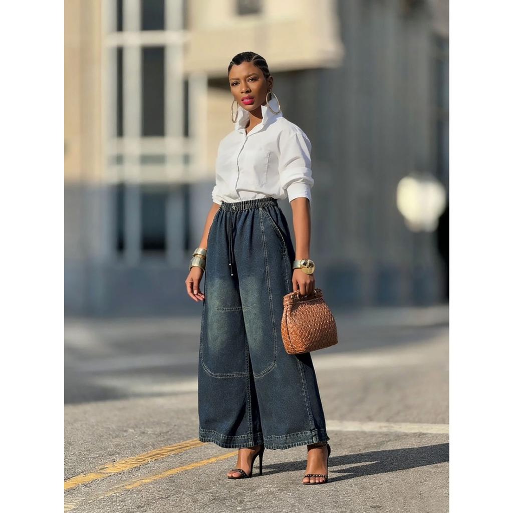 VIONA European and American Style Loose and Worn Diagonal Pockets Elastic Waist Wide Leg Jeans for Women Spring New