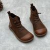Johnature bottes courtes rétro en cuir de vache faites à la main, bout rond, sangle élastique, chaussures décontractées en cuir véritable pour femmes