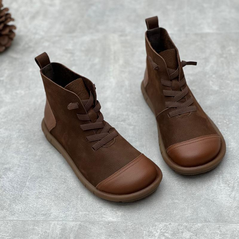 Johnature bottes courtes rétro en cuir de vache faites à la main, bout rond, sangle élastique, chaussures décontractées en cuir véritable pour femmes