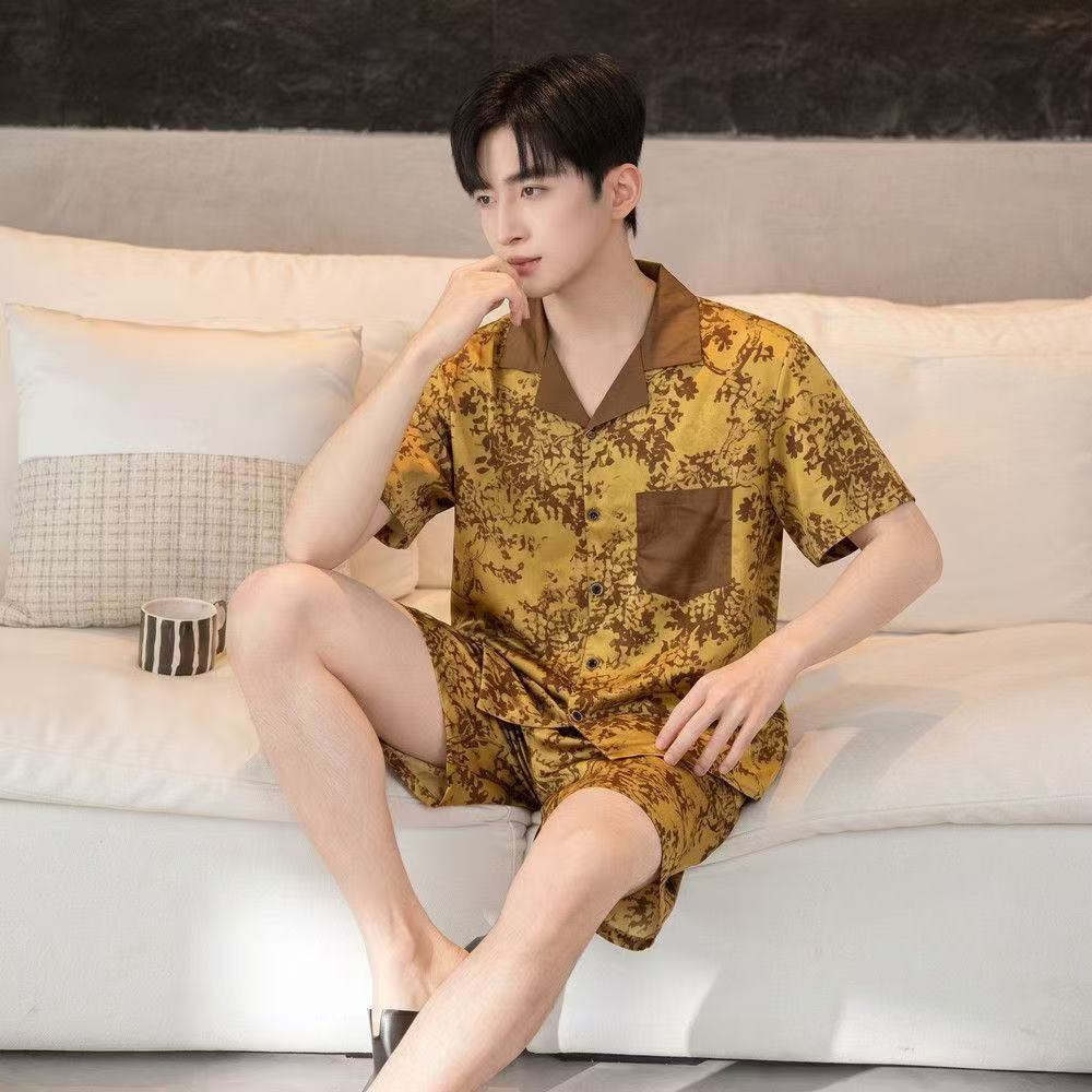 1011 New Men's Ice Silk Pajamas Printed Short Sleeve Shorts Two-piece Set, Large Size Loose