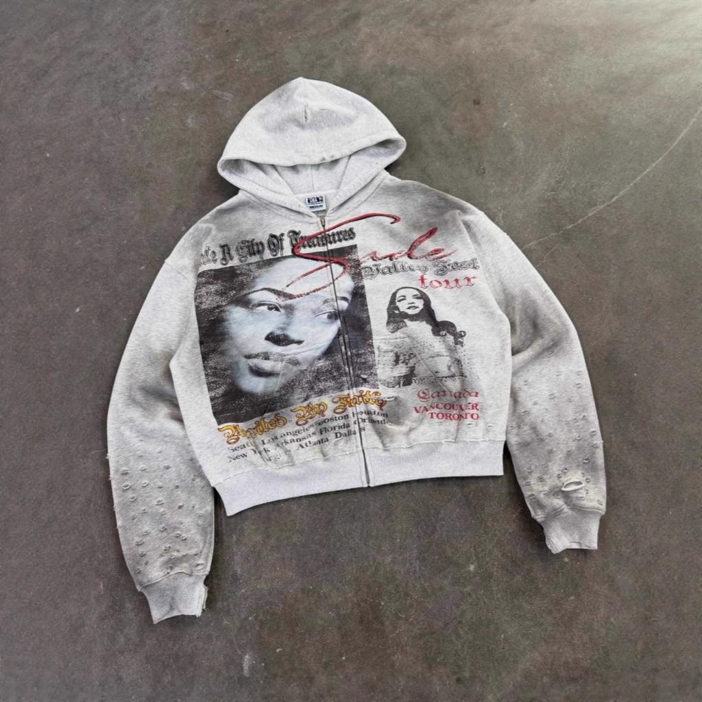 Unisex Round Neck Long Sleeve Loose Fit Hoodie Zip Up Streetwear Hip Hop Sweatshirt
