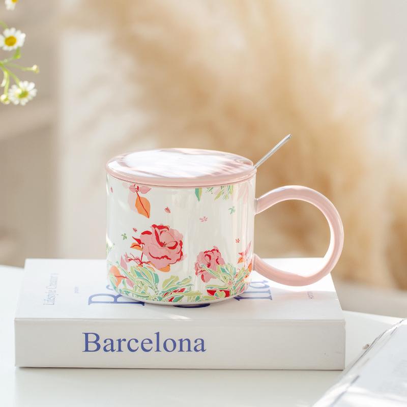 Cupa Ceramică Japoneză cu Flori Pastorale, Proaspătă de Vară și cu Linguriță Acoperită, Cană Ceramică de Birou, Cadou