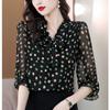 Lace Up Chiffon Shirt Women's New Korean Long Sleeve Print Ribbon Bottoming Top Scarf Collar Blouse M-4XL