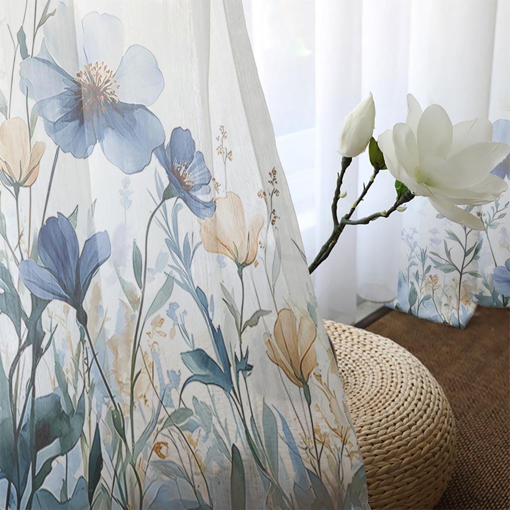 2 Pieces Hd Digital Blue Flowers Printed Window Screen Home Decor Style Decoration Living Room Window Curtain