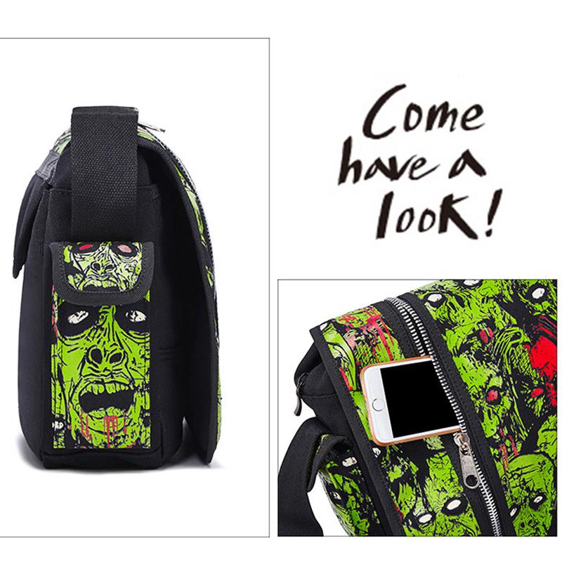 SHELKSBAG Unisex Elegante Halloween Calavera Zombie Bolso Cruzado Mensajero Luminoso Impermeable Lona de Calidad Premium Bolsos de Hombro