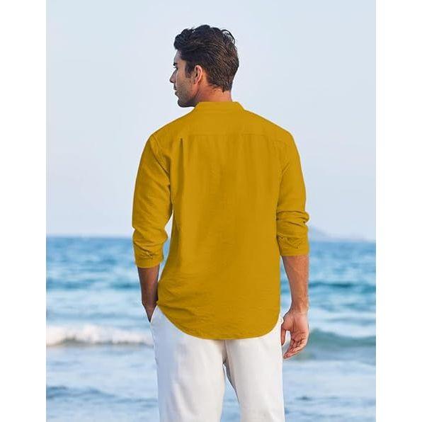 Kort herrkurta i bomullsblandning med långa ärmar och etnisk halsringning | Avslappnad kurta med skrynklig textur och mandarinkrage