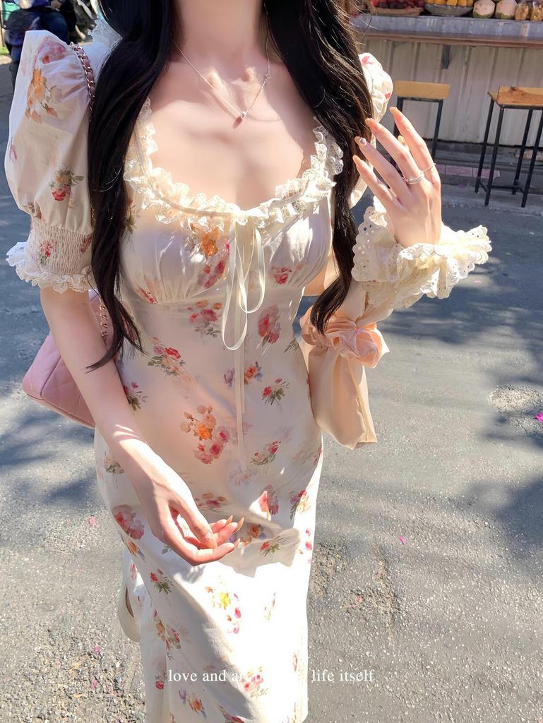 White Tower Women's Elegant Fairy Style Lace Dress - Summer/Autumn Korean Chic Long Dress