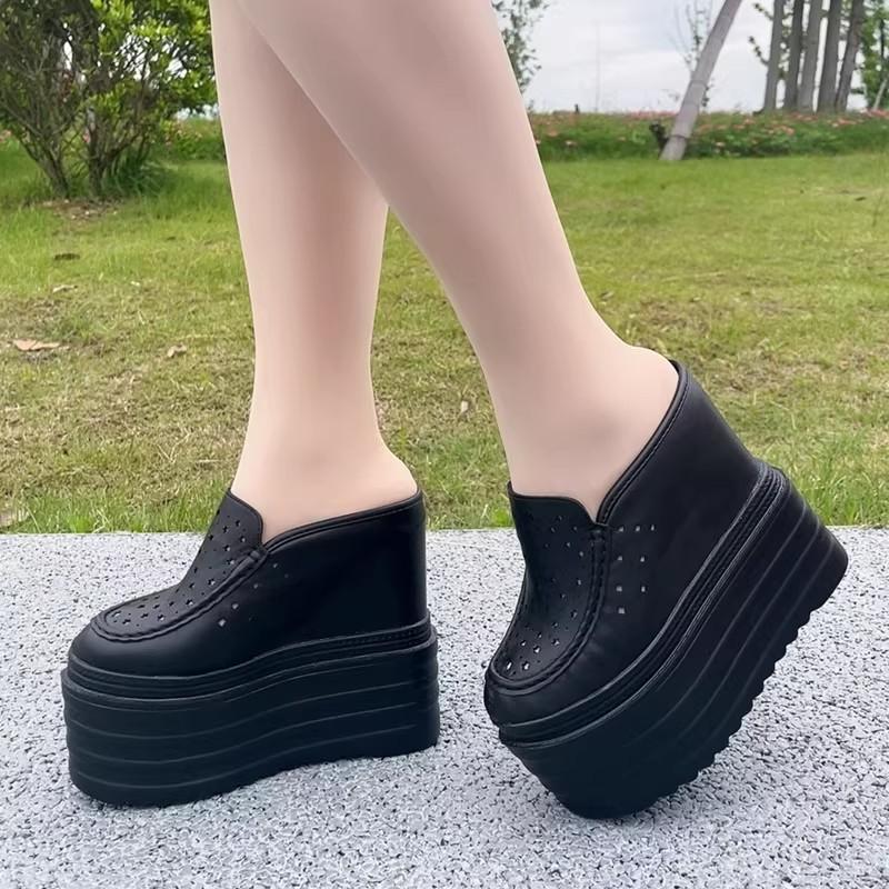 Fashion 13CM Women's Flat Shoes Mules Summer 2025 Fashion Leather Fashion Breathable Platform Slippers Thick Bottom Women Slippers