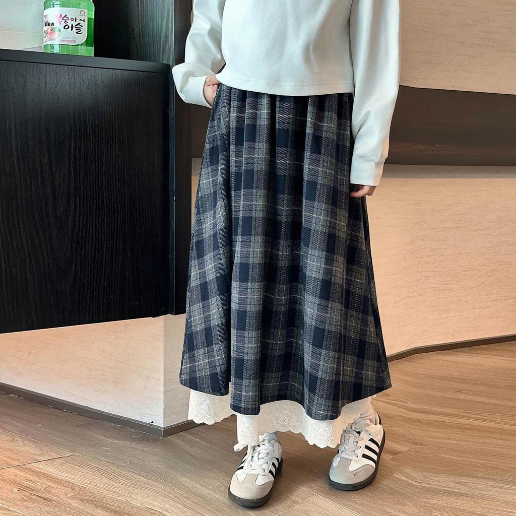 Girls' Plaid Wool Blend Midi Skirt - Autumn/Winter 2025 Fashion