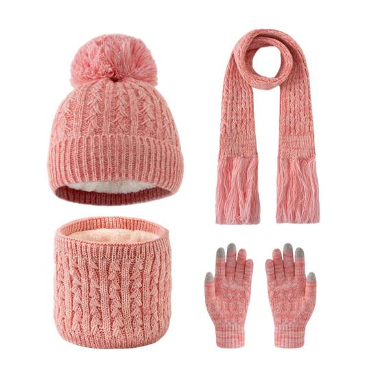 3Pcs/Set Kids Hat Scarf Gloves Set Rainbow Twist Texture Plush Ball Decor Knitting Hat