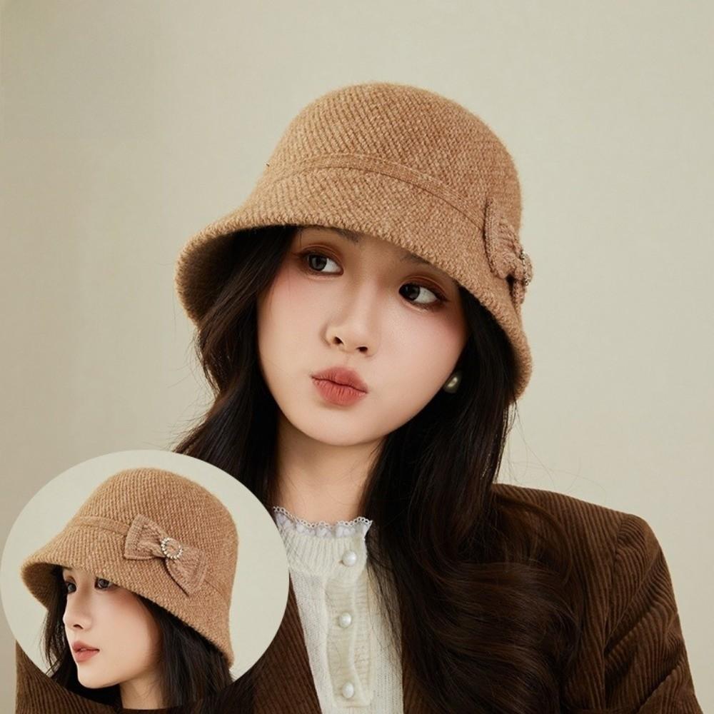Elegant Bow Fisherman Hat Thickened Windproof Bucket Hat Solid Color Foldable Basin Caps