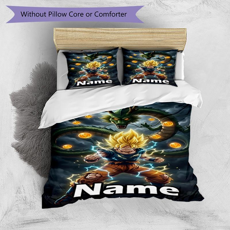 3pcs Duvet Cover Set (1*Duvet Cover + 2*Pillowcase, Without Core), Custom Name DRAGON BALL Pattern Bedding Set, Home Bedroom Decor Gift