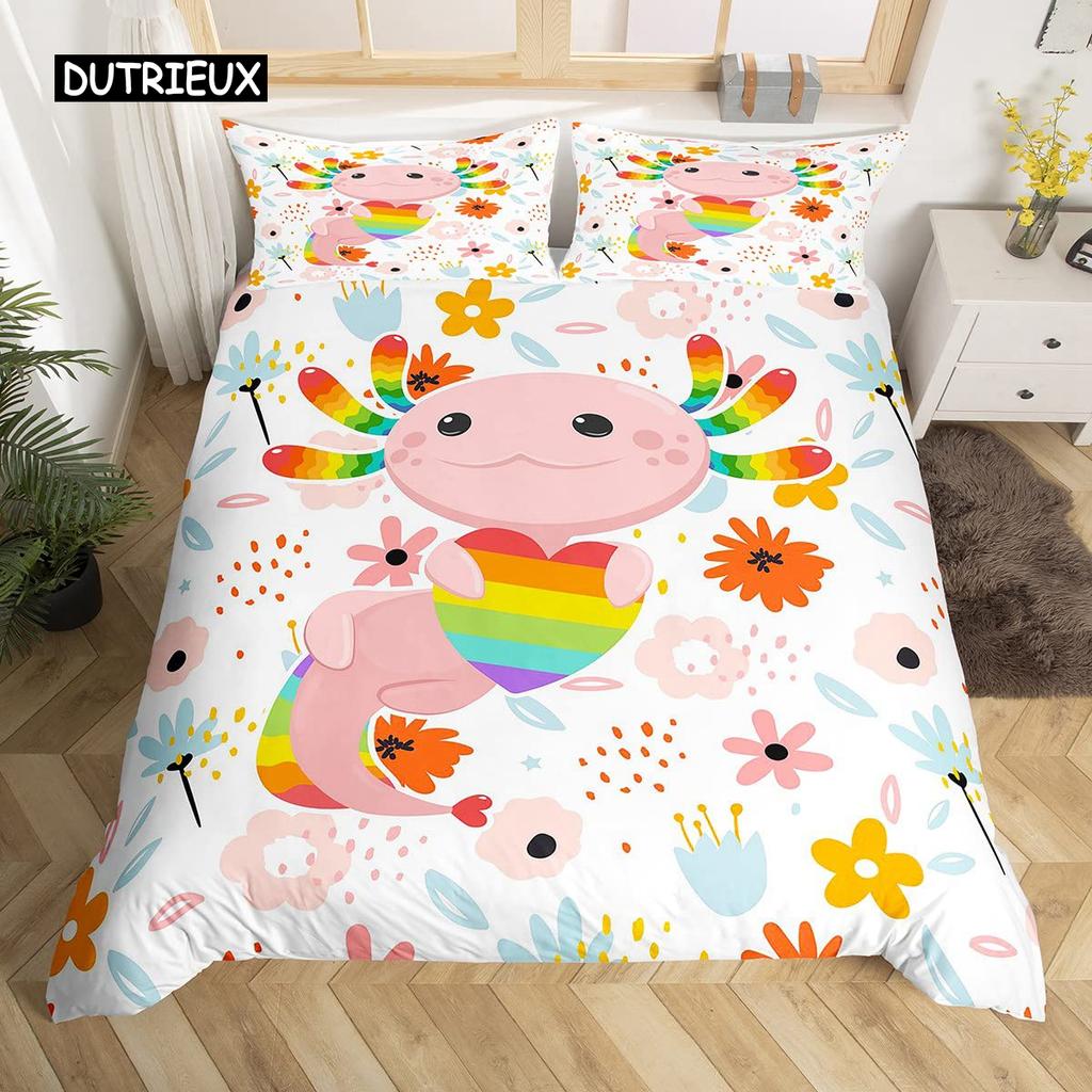 Axolotl Duvet Cover Set Pink Newt Wildlife Comforter Cover with Pillowcases Cartoon Octopus Animal Kawaii Style Twin Quilt Cover