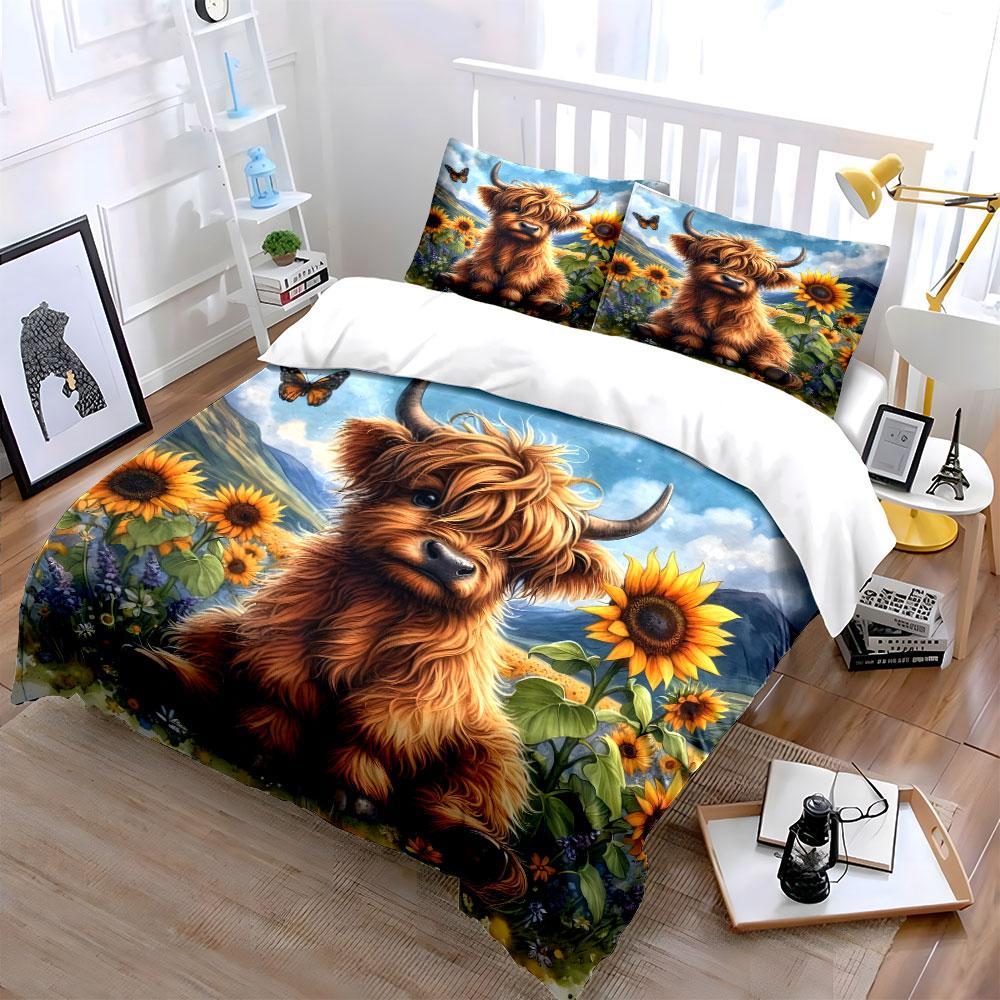 "Highland Cow and Sunflowers" Bedding Duvet Cover Set Duvet Cover Pillowcases (1 * Duvet Cover 2 * Pillowcases, without duvet insert)