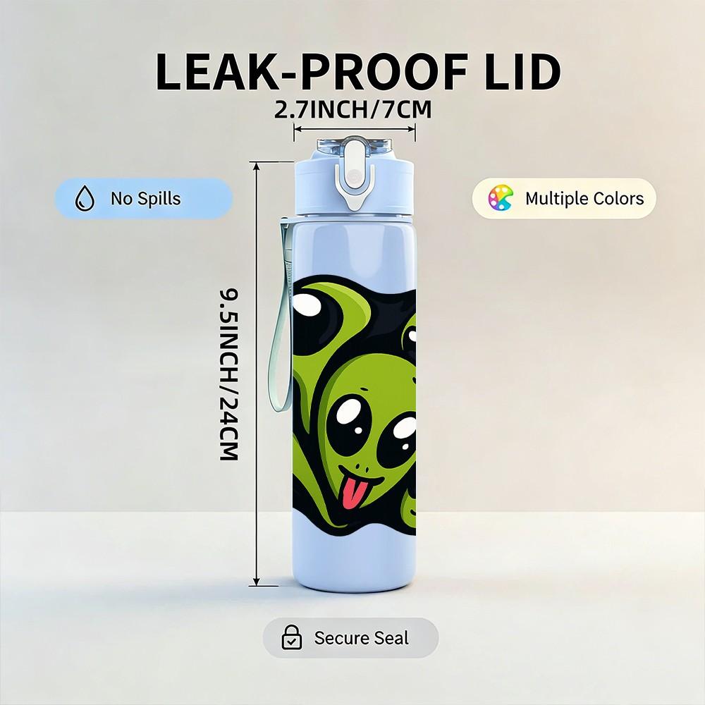1PC Green Alien Monster 750ml Color Plastic Sports Water Bottle Leakproof Flip Straw Lid Suitable for Sports Office Home Use