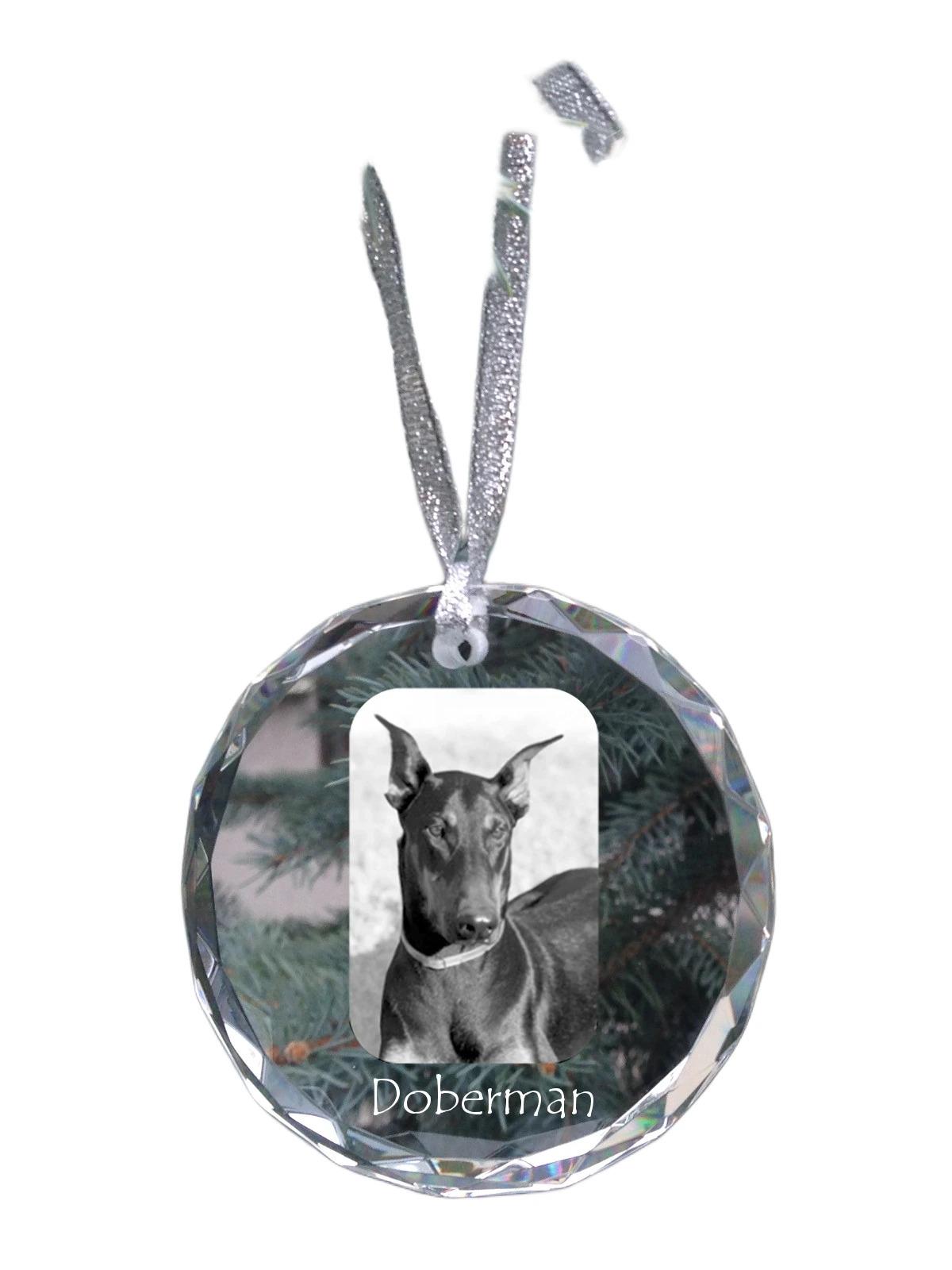 

Dobermann, Doberman Pinscher, Dobie - crystal bauble with a photo, dog photo in crystal, personalized Christmas tree ornament by Art-Dog brand прозорий