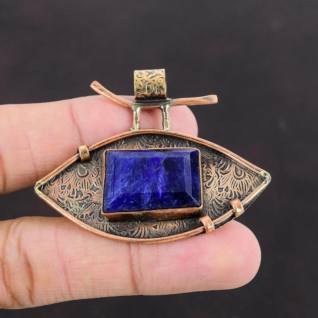 Facettierter Blauer Saphir Anhänger Kupfer Anhänger Handgemacht zierlicher Anhänger Antik Schmuck für Geschenke Frauen Anhänger Natürlicher Edelstein Kupfer Schmuck