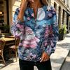 Women's V-Neck Half Zip Long Sleeve Pullover with Small Heart Print, Zipper Pull and Cuffed Sleeves