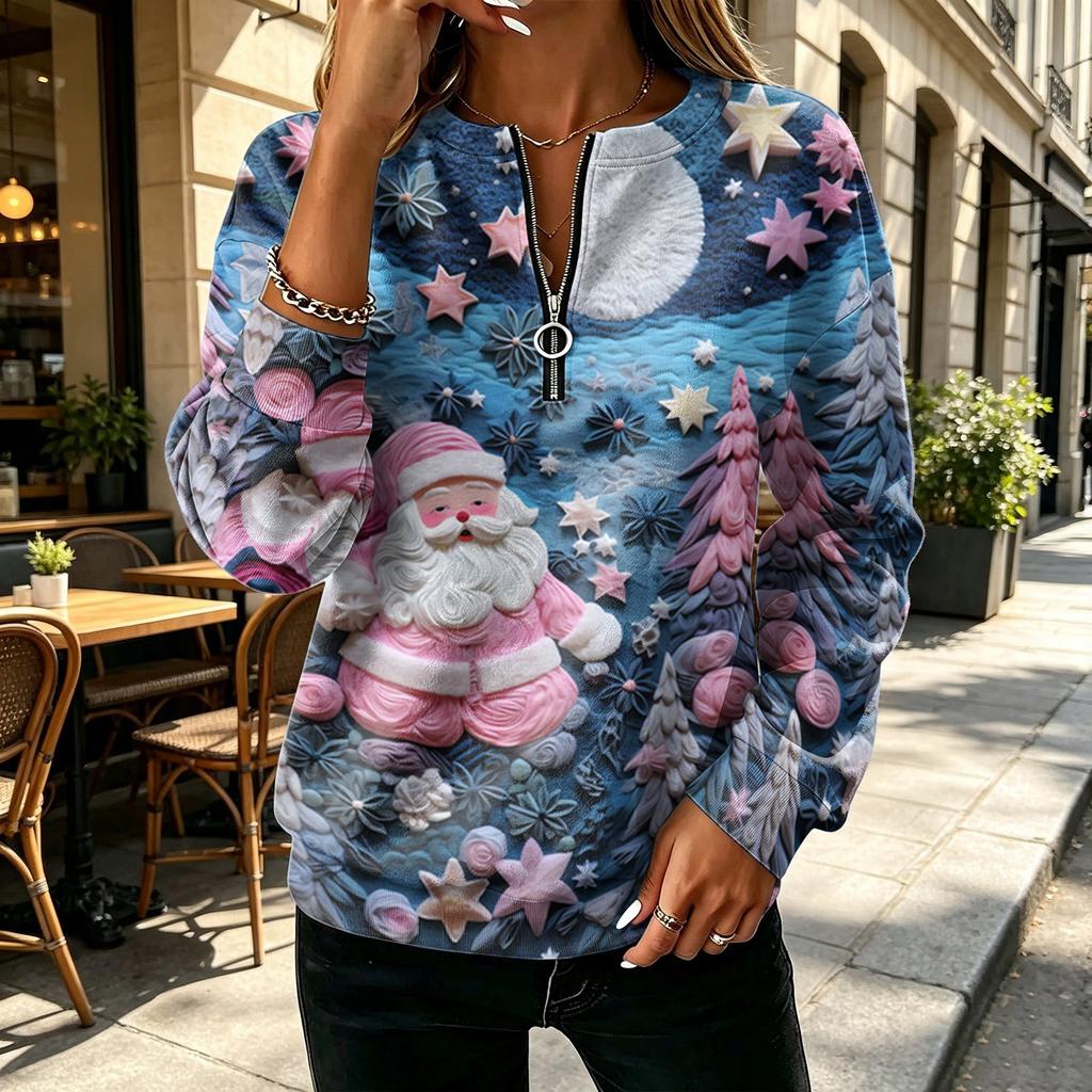 Women's V-Neck Half Zip Long Sleeve Pullover with Small Heart Print, Zipper Pull and Cuffed Sleeves
