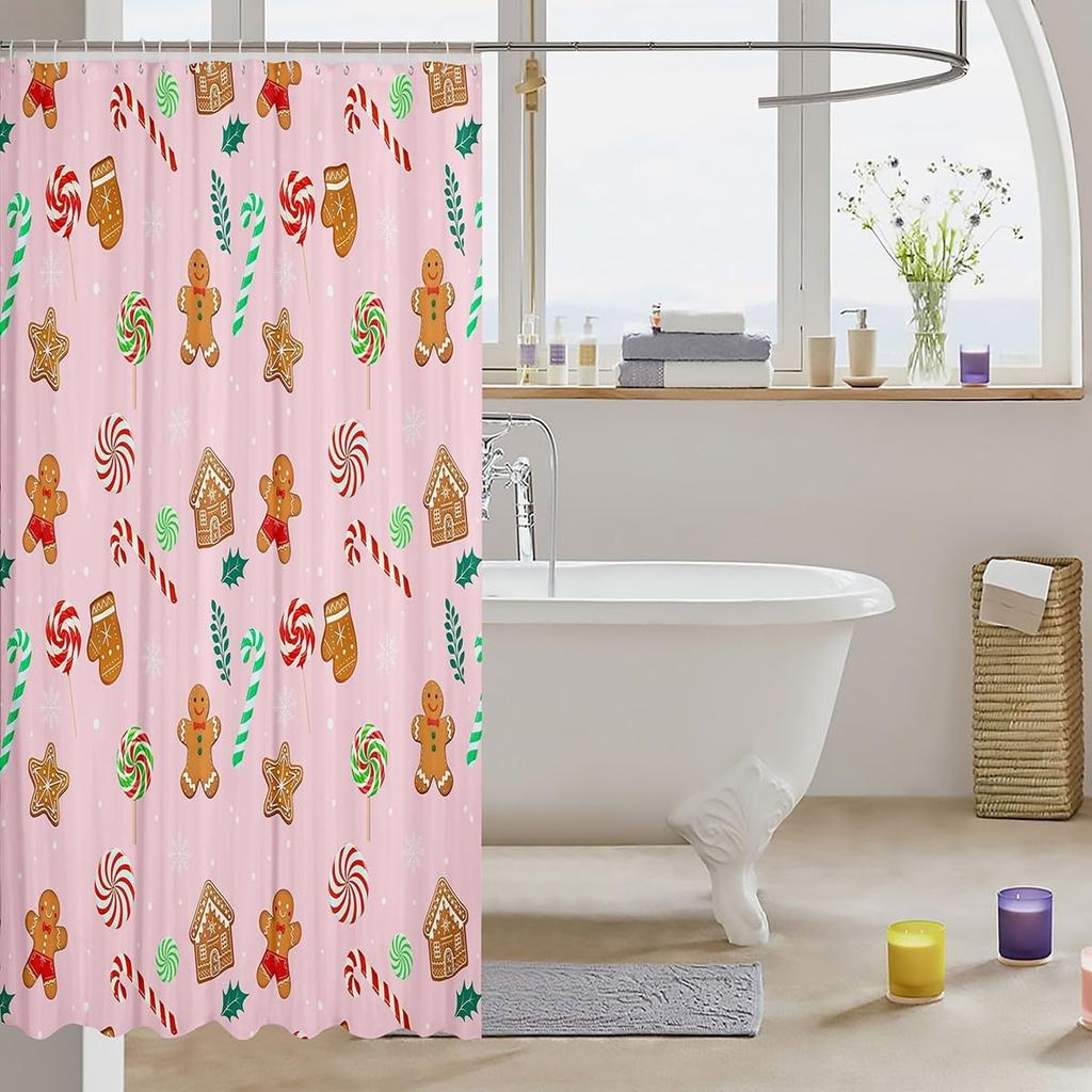 Merry Pink Christmas Shower Curtain,Cartoon Gingerbread Man Bathroom Curtain,Snowflakes Candy Fabric Shower Curtains,Happy New