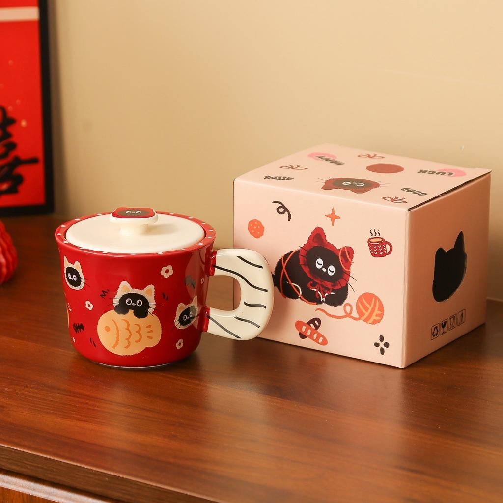 Happy Cat Series Ceramic Lid Mug Cartoon Cute Couple Water Cup Birthday Gift Cup Female High Value