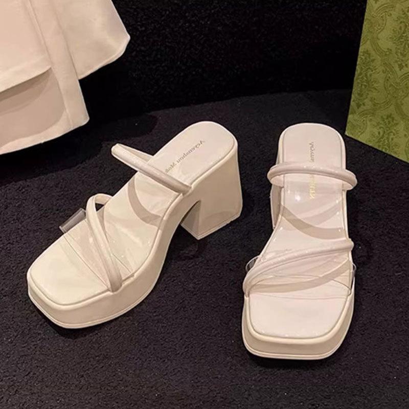 One Word with Transparent High Heel Women's Sandals Summer Internet Celebrity Sexy Outer Slippers Platform High Heel Thick Heel Fashion Sandals
