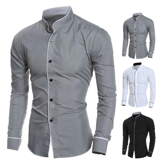 Men Shirt Business Single-breasted Stand Collar Formal Contrast Color Line Autumn Shirt for Work