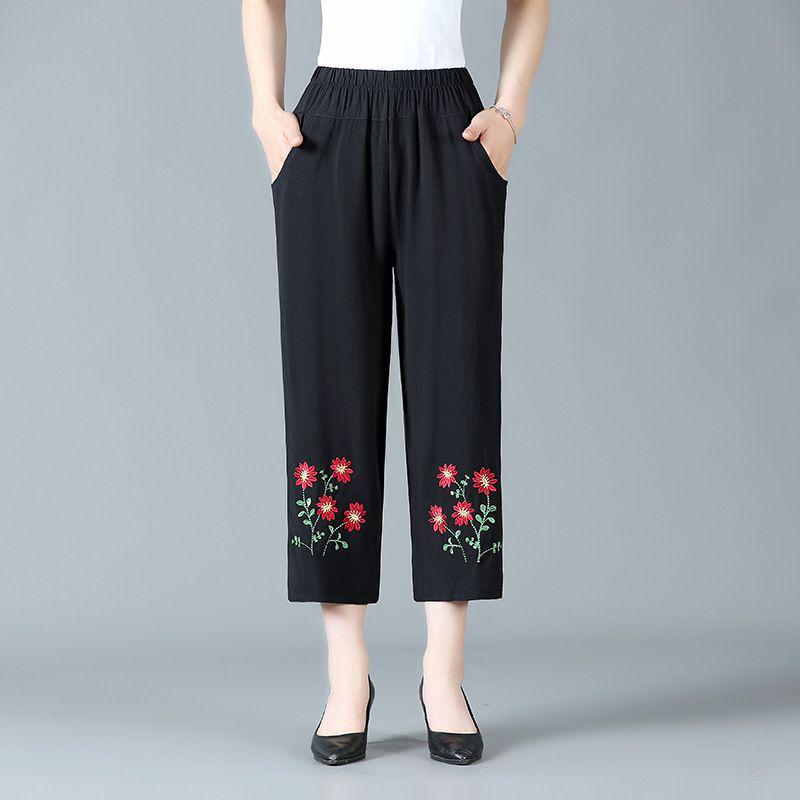 Women's Summer Elastic Waist Embroidered Pants - Perfect for Mother's Day and Grandma's Wardrobe