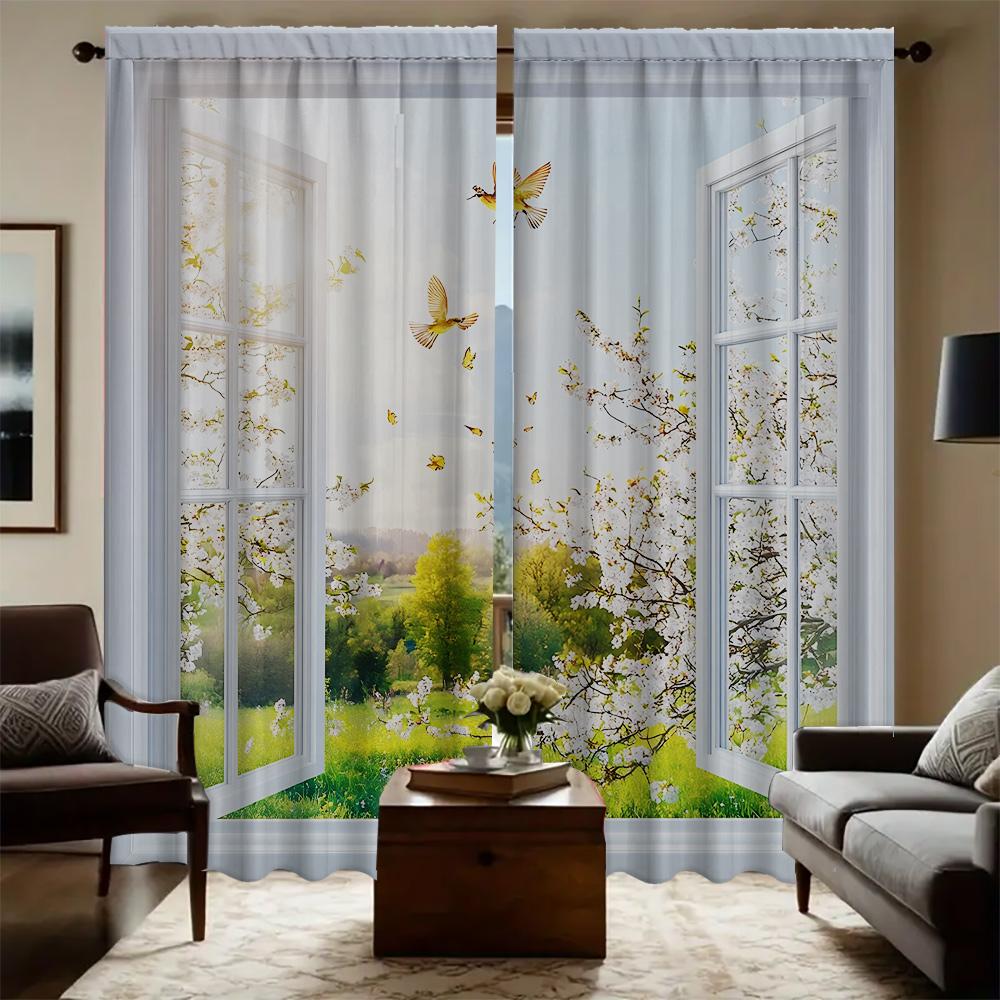 

Home View Outside Window Curtains Landscape Background Kitchen Coffee Shop Living Room Curtain Polyester With Pole Pocket Washable Sitting Ready W100*H70(CM)-Grommet top&2PCS