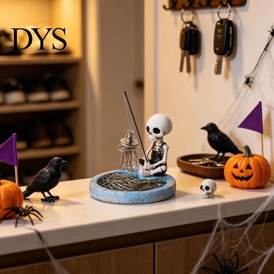 Funny Halloween Decorations Fishing Skeleton Magnetic Paperclip Holder, Skull Office Supplies Organizer Dark Humor with Storage Tray, Resin